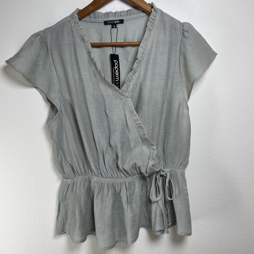 NWT Papermoon Womens M Sage Green Wrap Top Cottagecore Ruffle Peplum